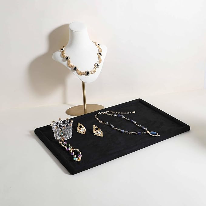 Rectangle Jewelry storage organizer plate, Velvet Jewerly display tray, Empty showcase tray for Necklace Bracelet Ring Earring【Black-Large, 17.7 x 11.8 in 】