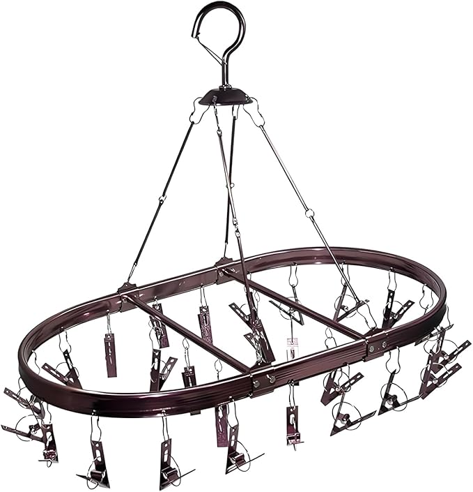 Underwear Drying Rack with 26 Non-Slip Clips - Aluminum Hanging Drying Rack for Socks, Baby Clothes & Gloves | Wind-Resistant Hook & Space-Saving Oval Design (Dark Red)