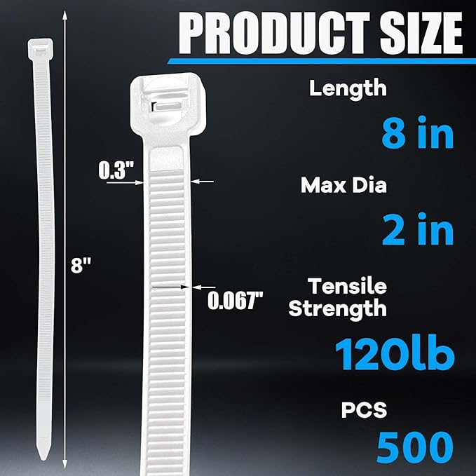 500 Pcs 8 Inch Zip Ties Heavy Duty 120 Lbs Tensile Strength White Nylon Wire Cable Ties Bulk for Indoor Outdoor