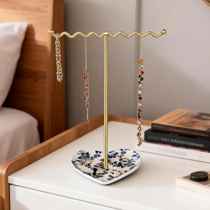 Elegant Jewelry Holder Tree Stand with Ceramic Tray - Metal Necklace Holder Organizer for Rings Bracelets Earrings - Tangle Free, Rustproof Decorative Display for Vanity Dresser Blue and White