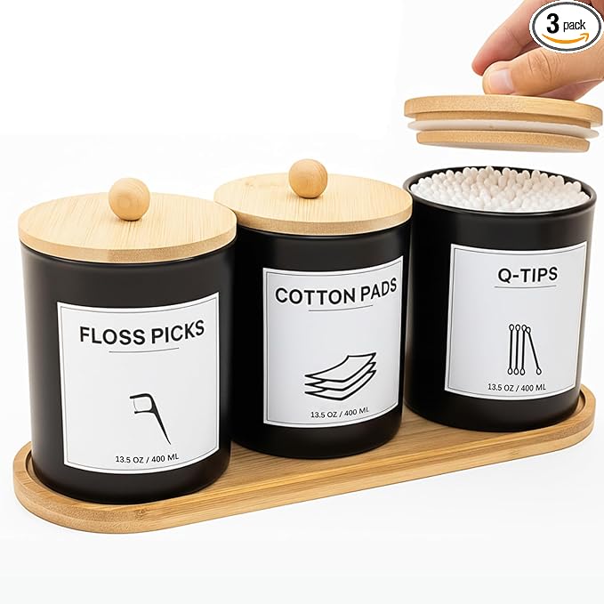 3 PCS Qtip Holder for Bathroom, Cotton Ball Holder with Tray, Bathroom Organizers and Storage, Bathroom Jars for Floss Picks, Cotton Swabs, Balls, Pad(Black)