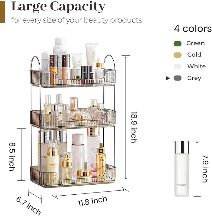 Aveniee Bathroom Counter Organizer, 3 Tier Perfume Skin Care Countertop Storage Shelf, Vanity Makeup Tray for Cosmetic Skincare Lotion,Grey