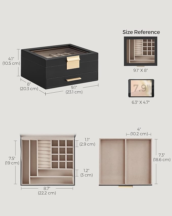 SONGMICS Jewelry Box Organizer with Glass Lid, 2-Layer Jewelry Storage, with 1 Drawer, Modern Style, 8 x 9.1 x 4.1 Inches, Graphite Black and Gold Color UJBC174B01