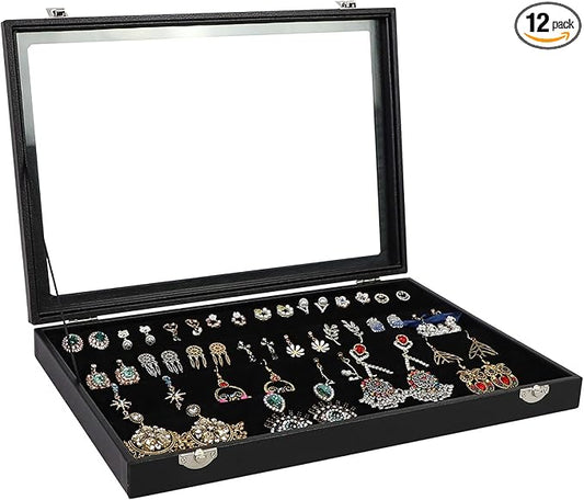 Wudygirl 32 Pairs Jewelry Organizer Velvet Jewelry Tray Clear Lid Earring HolderOrganizer Jewelry Box Earrings Holder Display Case Stackable（Earring Storage）