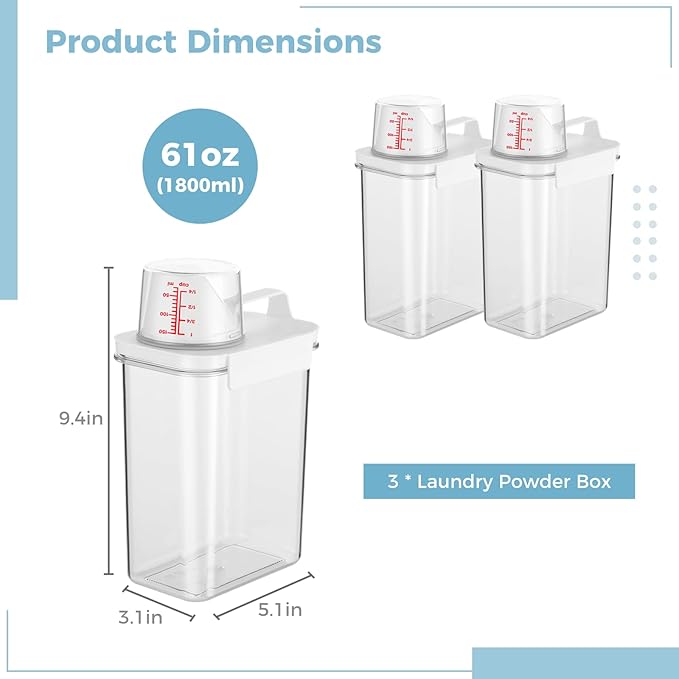 3 PCS Liquid Laundry Detergent Dispensers, 61oz Laundry Bead Dispenser, Clear Airtight Fabric Softener Container, Liquid Detergent Box for Laundry Room Organization and Storage with Measuring Cup