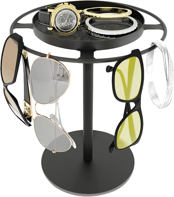 LSK Metal Sunglasses Organizer, Glasses Holder Stand with Storage Tray, Eyeglasses Holder with Anti-Slip Pads for Tabletop, Desk, Dresser, Matte Black