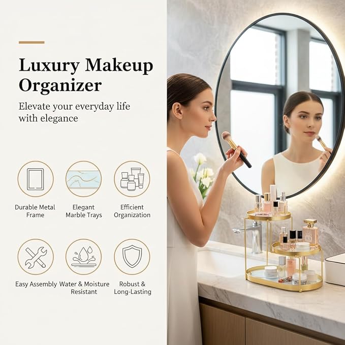 Makeup Organizer Countertop, 3 Tiers Skincare Organizer with Gold Finish, Durable Metal Storage for Bathroom or Bedroom Vanity, Tall Spacious Design for Large Bottles