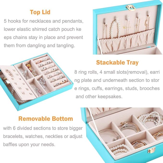 Voova Jewelry Box Organizer for Women Girls, 2 Layer Large Men Jewelry Storage Case, PU Leather Display Jewellery Holder with Removable Tray for Necklace Earrings Rings Bracelets, Gift, Teal/Lake Blue