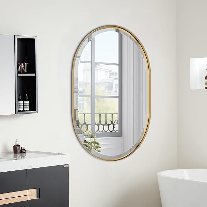 POZINO Oval Mirror Over Sink, Brushed Gold Beveled Mirror, 24"x36" Bathroom Vanity Mirrors with Stainless Steel Frame, Brass Oblong Wall Mirrors for Bedroom Living Room, Hangs Horizontal Or Vertical
