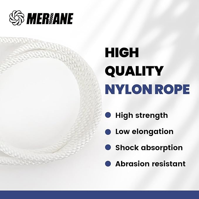 MERIANE Nylon Rope 500 Ft 1/4 Inch – Multipurpose Tightly Braided Rope – Abrasion & UV Resistant – Ideal Use for Camping, Clothesline, Marine, Flag Line - Solid Utility Rope for Indoor Outdoor