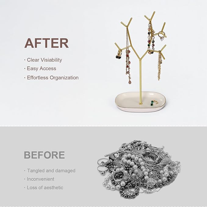Elegant Jewelry Holder Tree Stand with Ceramic Tray - Metal Necklace Holder Organizer for Rings Bracelets Earrings - Tangle Free, Rustproof Decorative Display for Vanity Dresser
