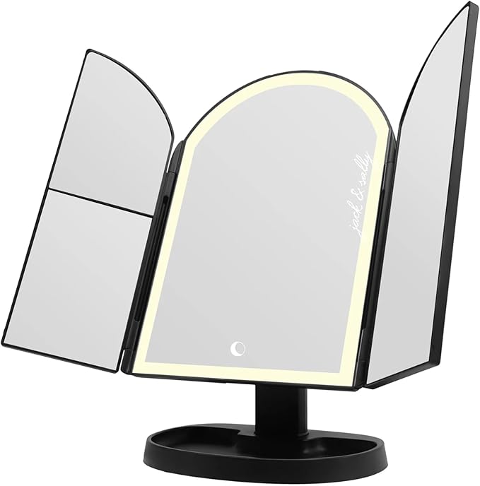 Impressions Vanity Jack and Sally Arch Trifold LED Makeup Mirror for Desk, 3 Way View Foldable Vanity Mirror with Lights with 2X and 3X Magnification, Adjustable Tilt and Soft Touch