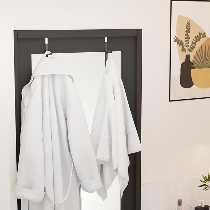 2 Pack Over The Door Hooks(L=7"), Over Door Hanger, Heavy Duty No Drill Hanger for Towels, Coats, Hats, Bags in Bathroom, Bedroom, Kitchen, Living Room-Black