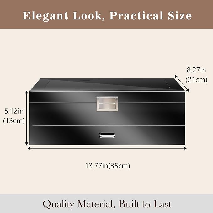 ProCase Lacquered Finish Wooden Men's Jewelry Box, 6 Slots Watch and Sunglasses Box Organizer for Men, 2-Tier Watch Holder Display Cases with Glass Top and Storage Drawer -Black