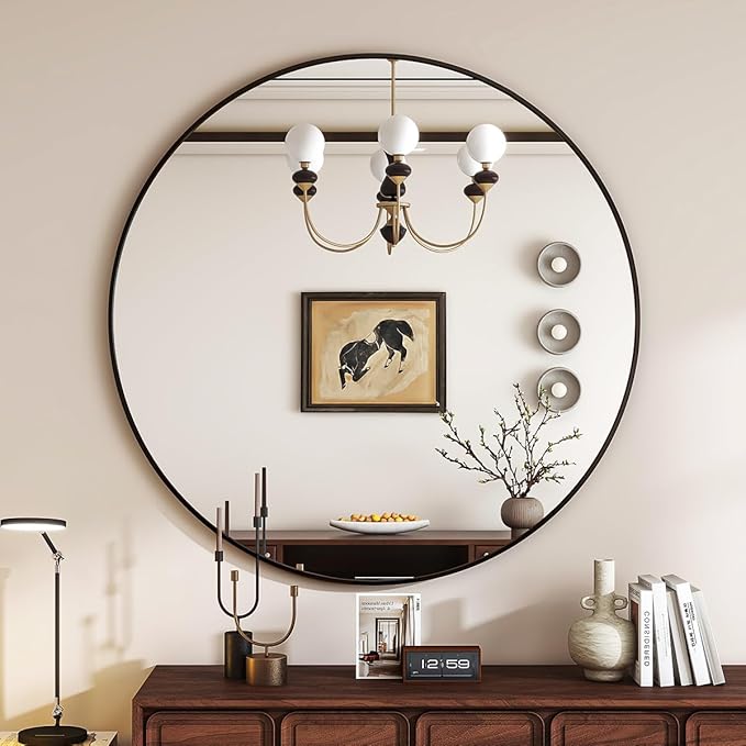 Black Round Mirror, 20 Inch Circle Bathroom Mirror with Metal Frame, Wall-Mounted for Entryway, Bathroom, Vanity, Living Room