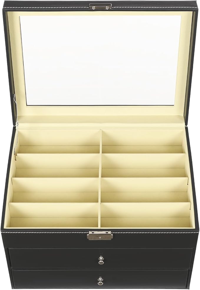 Sunglasses Organizer, Sunglasses Storage Organizer, Eyeglasses Storage Glass Top Lockable Case Organizer Eyeglasses Display Box for Women Men (Black)