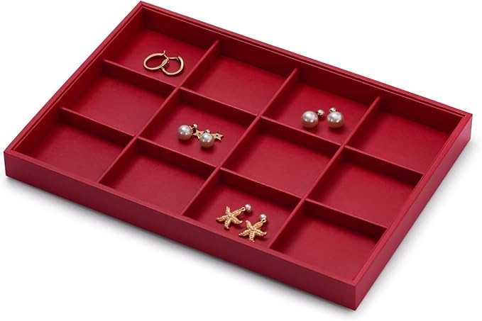 12 Grids Leather Jewelry Trays Bracelets Tray Stackable Jewelry Organizer Trays for Drawer Bracelet Holder For Bracelet Bangle Earrings Watches Storage (Red)