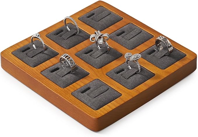 Oirlv Solid Wood Ring Display Stand - 9 Bit Ring Holder & Organizer Tray (Grey)