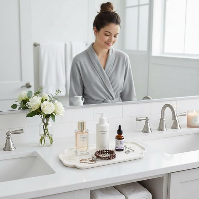 Marmor Real Natural Marble Bathroom Tray for Perfume, Candles, Jewelry Stone Vanity, Bathroom & Kitchen Counter Organizer and Home Decor (Calacatta Gold Marble Lace Long Plate)