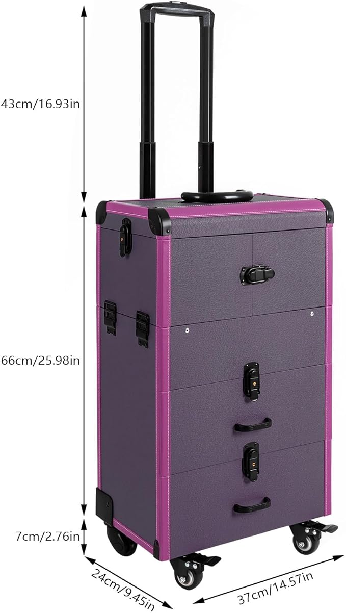 Rolling Makeup Train Case with Wheels and Mirror, Lockable Portable Cosmetic Organizer Trolley, Large Make up Cosmetic Orgainzer, Pro Makeup Artists Multifunction Cosmetics Trolley Train Case (Purple)