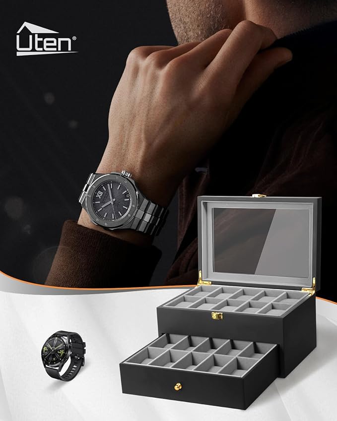 Uten 20 Wooden Watch Storage Box 2 Layers Organizer Collection Jewelry with Glass Lid
