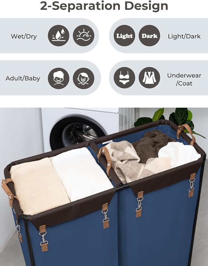 StorageWorks 390L Extra Large Laundry Hamper with Wheels, Laundry Basket with Wheels 2 Sections, Clothes Sorter Cart with Divider for Hotel, Home, Blue, 1-Pack