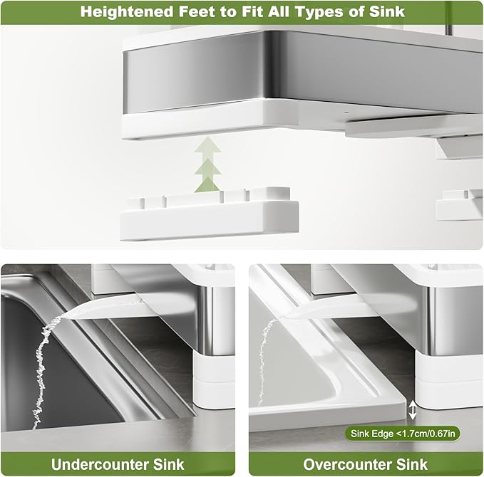 Stainless Steel Sink Caddy, Sponge Holder for Kitchen Sink with Brush Holder & Dishcloth Rack, Rustproof Organizer Countertop, Soap Dispenser Kitchen Organizers Storage Essentials, White