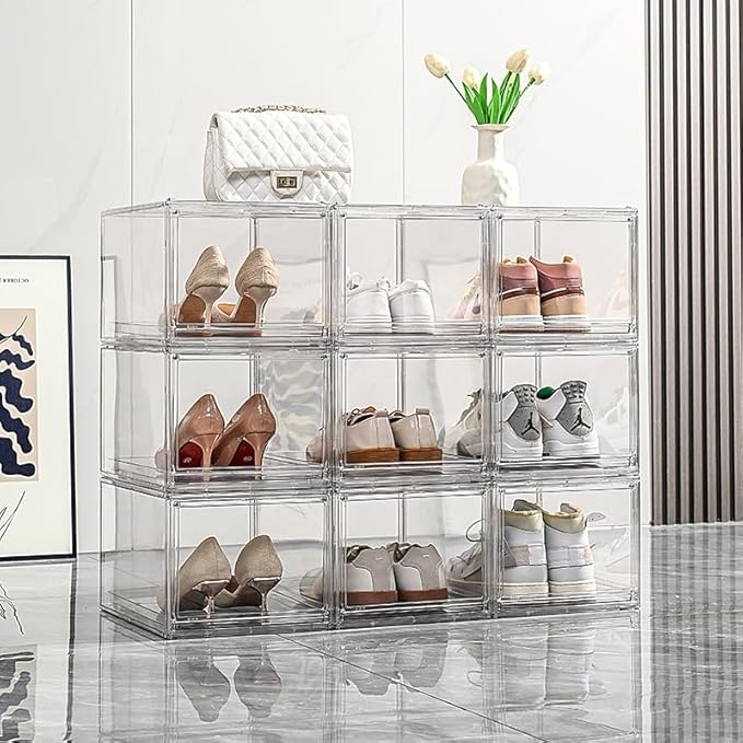 Stackable Clear Handbag Display Case for Closet with Drawers, Acrylic Box Display Case Showcase with Magnetic Door, Plastic Storage Bins Storage Drawers Containers for Organizing