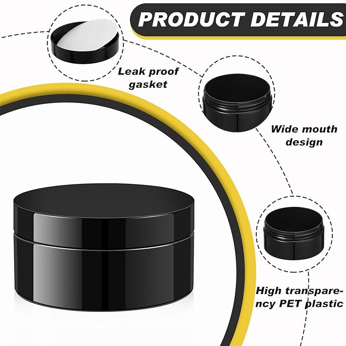 Dandat 24 Pcs 4 oz Plastic Jar Container with Lid and Label Refillable Empty Round Black Pet Cosmetic Sample Slime Containers for Lotion, Cream, Ointments, Body Butter, Makeup, Travel Storage