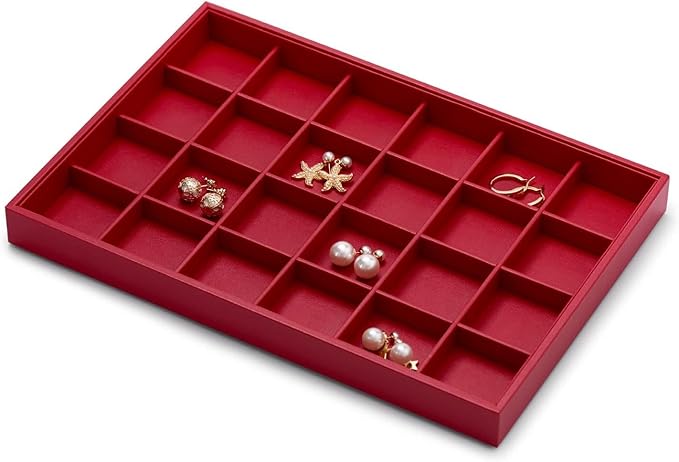 Leather Jewelry Trays 24 Grids Earrings Tray Jewelry Display Tray Stackable Ring Earring Organizer Tray Jewelry Trays For Drawers Rings Earrings Holder (Red)