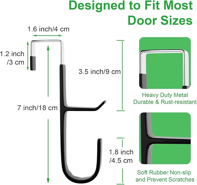 2 Pack Over The Door Hooks(L=7"), Over Door Hanger, Heavy Duty No Drill Hanger for Towels, Coats, Hats, Bags in Bathroom, Bedroom, Kitchen, Living Room-Black