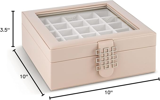 Glenor Co Earring Organizer - Classic 50 Section Jewelry Box/Case/Holder for Earrings, Rings, Necklaces, Jewelry, Cufflinks or Collections -2 Layer Small Compartments with Large Glass Top - Sand
