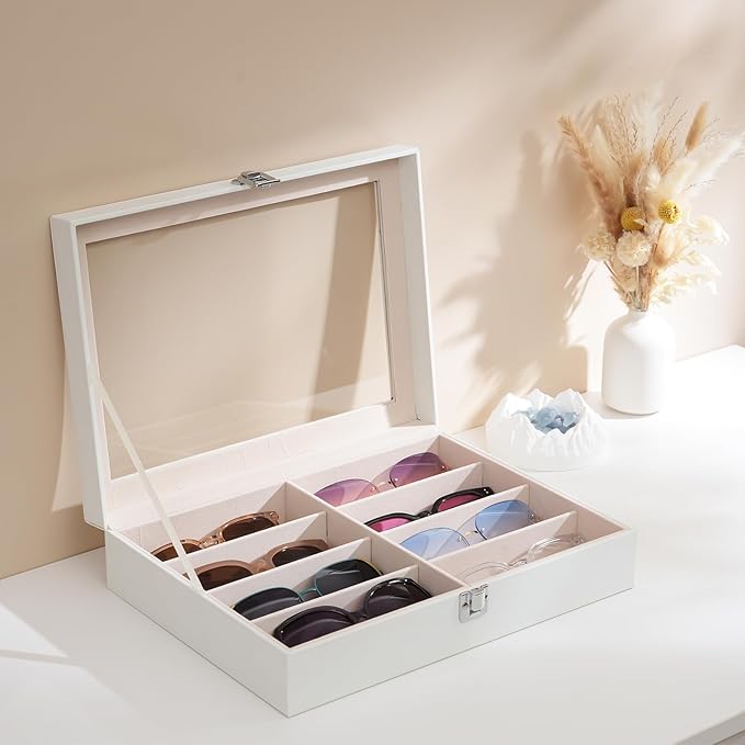 ProCase 8 Slots Sunglasses Organizer, 1 Layer Sunglass Case, Leather Eyeglass Cases for Display and Storage -White