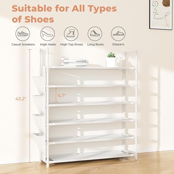 6 Tier Shoe Rack Storage for 24-30 Pairs Shoe and Boot, Shoe Organizer with Hook and Side Pocket Free Standing Long Shoe Shelf Tall Shoe Rack Organizer for Closet, Entryway, Dorm, White