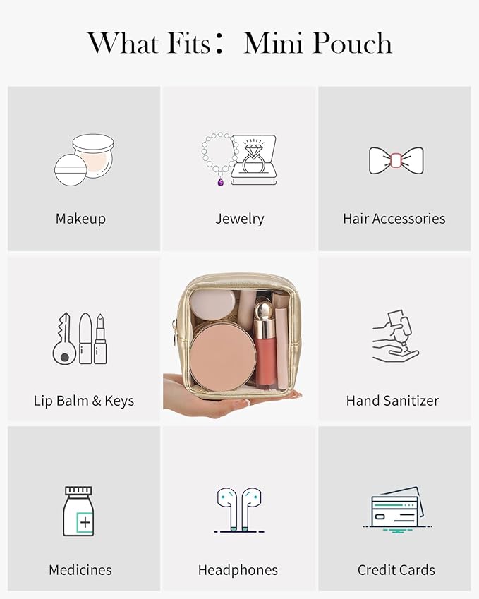 Pocmimut Makeup Bag,Mini Makeup Bag Cute Pouch Purse Organizer Travel Essentials,Clear Makeup Pouch for Car Accessories for Women,Gold