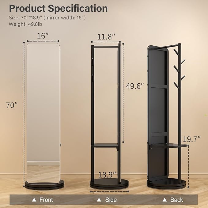 70"x19"Full Length Mirror with Stand,Coat Rack with Mirror,Solid Wood Floor Mirror,Swivel Mirrorfor Bedroom, Living Room, Cloakroom