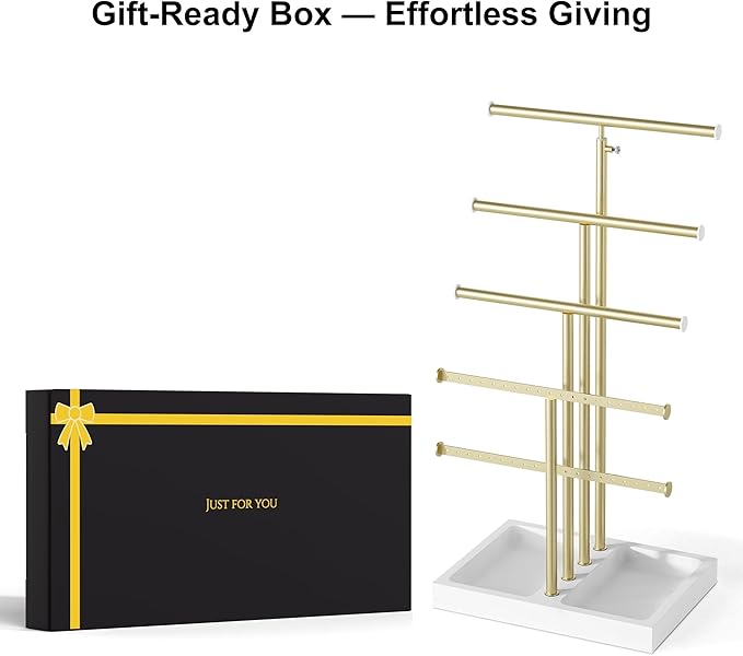 Love-KANKEI Jewelry Organizer Stand,5 Tier Large Necklace Holder with Wood Base,Jewelry holder stand Tree for Display,Bracelets Earrings Rings,Height Adjustable Gift White and Gold
