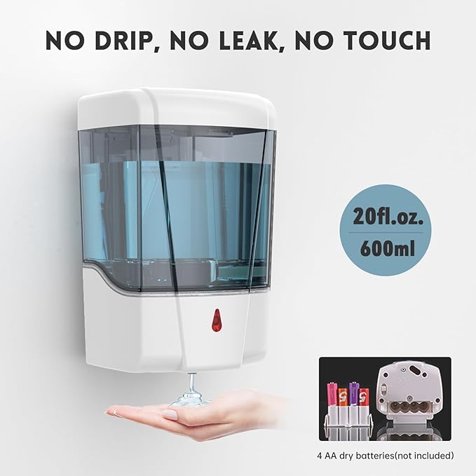 Automatic Soap Dispenser 20fl oz/600ml Touchless Wall Mount Liquid ABS Auto Hands Free Touchless Soap Dispensers Bathroom Kitchen 9031 White