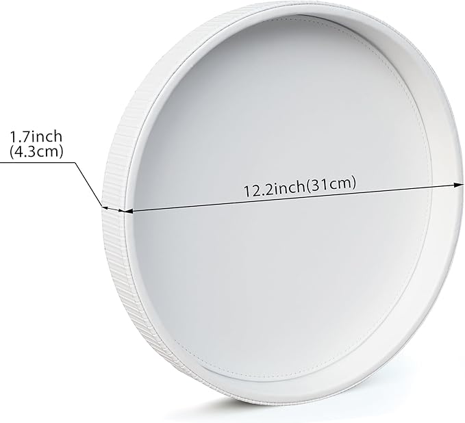 HofferRuffer Round Decorative Tray, Faux Leather Vanity Tray Decor, Decorative Catchall for Perfume, Bathroom Valet, Nightstand or Dresser (White Stripe, Round-12" x 12" x 1.6")