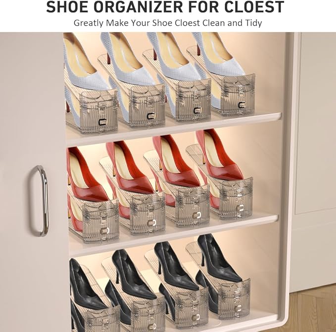 10 Pack Clear Shoe Slots Organizer - Adjustable Height 3.7''to 7.7'' Shoe stackers for a pair of shoes ,Shoe rack storage shoe space saver 50%,Easy to assemble shoe hold shoe organizer for cloest