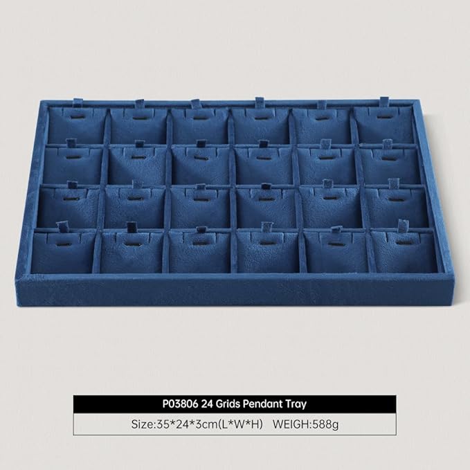 Velvet Necklace Display Tray, Stackable 24 Grid Insert Pendant Necklaces Storage Holder Plate, Jewelry Retail Countertop Organizer (Blue)