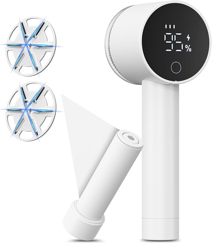 Fabric Shaver Electric Fuzz Remover, 2 in 1 Rechargeable Sweater Shaver with Lint Roller, Magnetic Cap, Digital Display, 2 Extra Blades, Defuzzer for Clothing Furniture Couch - White