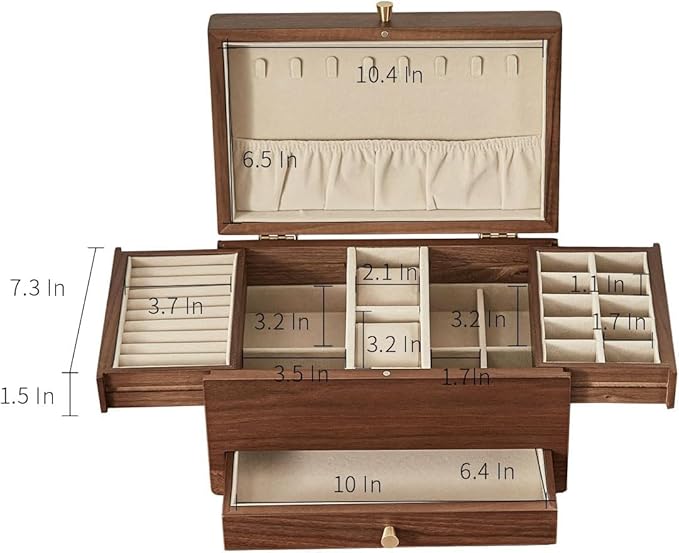 Wooden Jewelry Box for Women, 3 Level Multi-functional Drawers Black Walnut Jewelry Organizer Box, Watch, Necklace, Ring, Earring Storage - Valentine's Day Gifts (No Mirror)