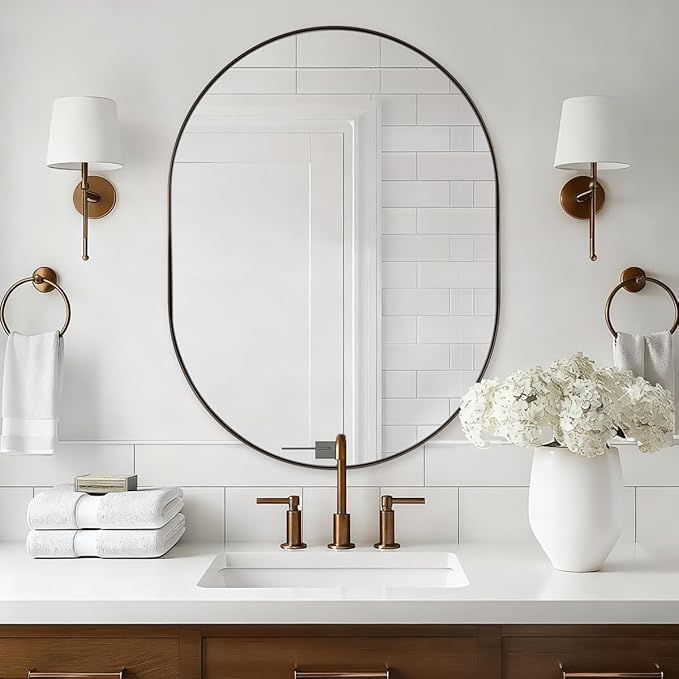 ANDY STAR 24x32'' Oval Bathroom Mirror, Bronze Oval Mirror Pill-Shaped Design in Stainless Steel Metal Frame for Bathroom, Entryway, Living Room, Contemporary 1" Deep Wall Mount Vertical or Horizontal