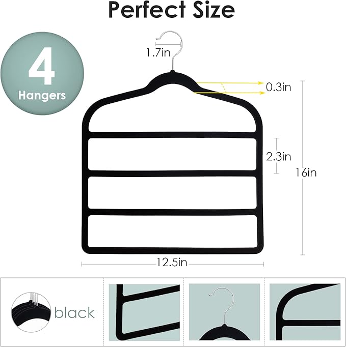 Velvet Hangers Space Saving Non Slip Pant Velvet Hangers, DUDUCOFU 4 Pack Black Multi Layer Clothes Hangers Closet Organizer for Pants Trousers Scarf