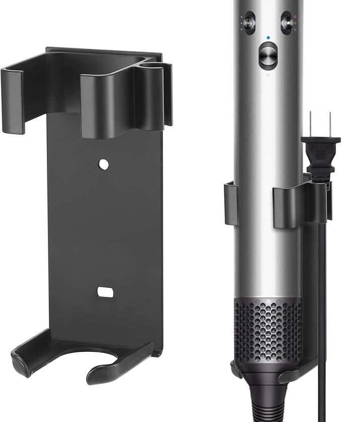 Wall Mount Holder for Hair Styling Tools - Aluminum Alloy Storage Rack for Curling Irons, Straighteners & Multi-Styler Attachments - No Drill Adhesive or Screw Mount (Black)