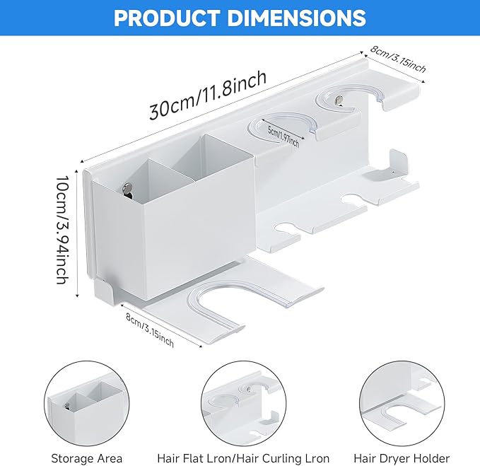 Hair Tool Organizer Wall Mounted,Hair Dryer Holder,blow dryer,curling iron,Straightener holder,Metal 3 in 1 Bathroom Bedroom Hair Accessories Tools Organizer Rack.White