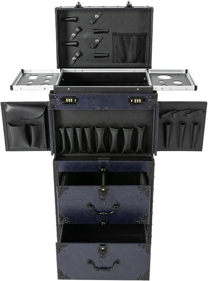 Rolling Lockable Makeup Train Case,Large Cosmetic Organizer Train Case Makeup Travel Case with 360° Swivel Wheels, Trolley Makeup Travel Organizer,Black