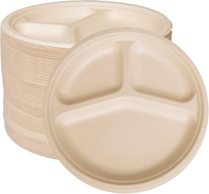 150pack 3 compartment,10inch Disposable Heavy Duty Eco Friendly Round Divided Paper Plates,Compostable Sugarcane Bagasse Sectional Plates disposable For Dinner