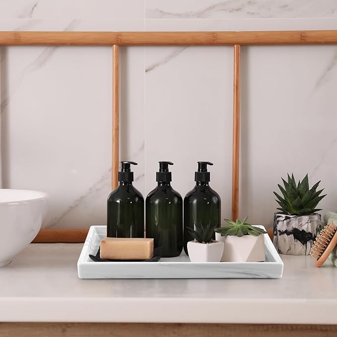 12" Large Ceramic Vanity Tray, Rectangle Perfume Plate Organizer, Jewelry Holder Dish, Non Slip Decorative Tray for Bathroom, Bedroom, Kitchen, Coffee Table (Marble Grey)